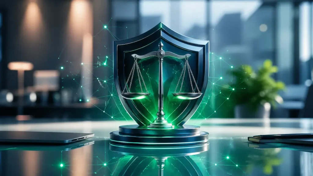 Ilustração 3D conceitual de uma balança da justiça e um escudo brilhantes nas cores azul escuro e verde, simbolizando ética, transparência e integridade editorial.