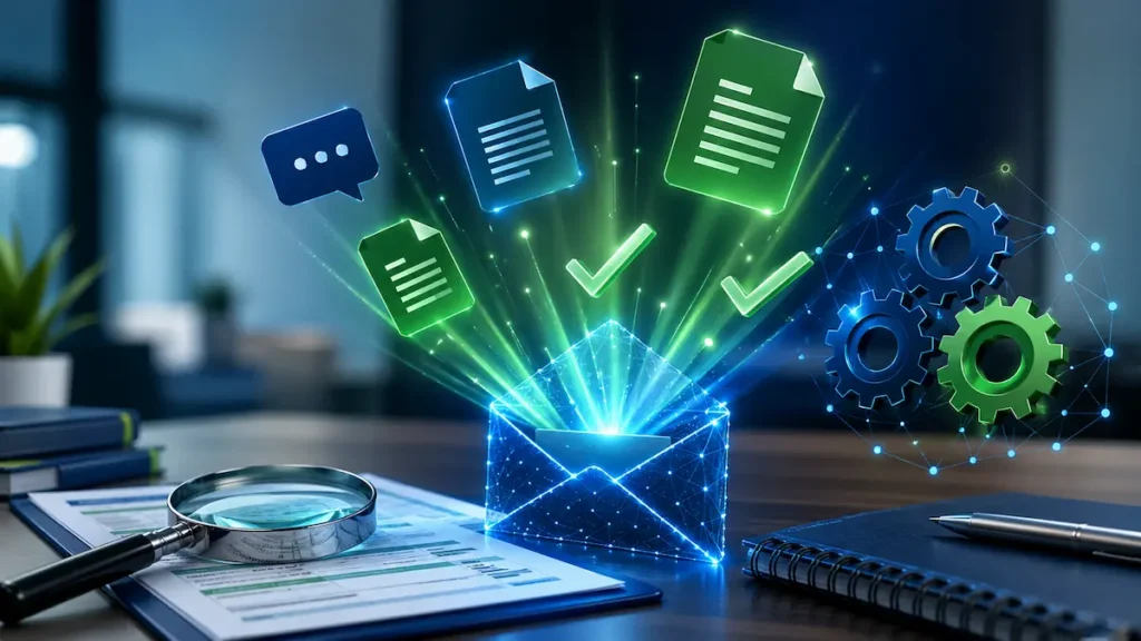 Ilustração conceitual de uma caixa de sugestões digital processando informações, representando a nossa política de feedback acionável. Cores azul escuro e verde.