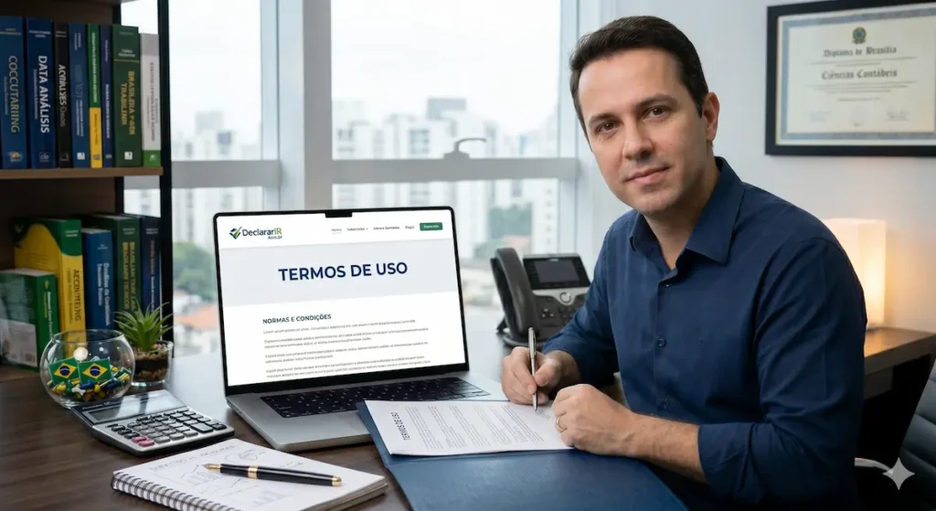 Fábio Leite sentado em seu escritório, revisando um documento em uma pasta azul chamada 'TERMOS DE USO', com um notebook aberto ao fundo exibindo a página 'Termos de Uso' do site declararir.com.br. Ele segura uma caneta, mantendo consistência com as imagens anteriores.