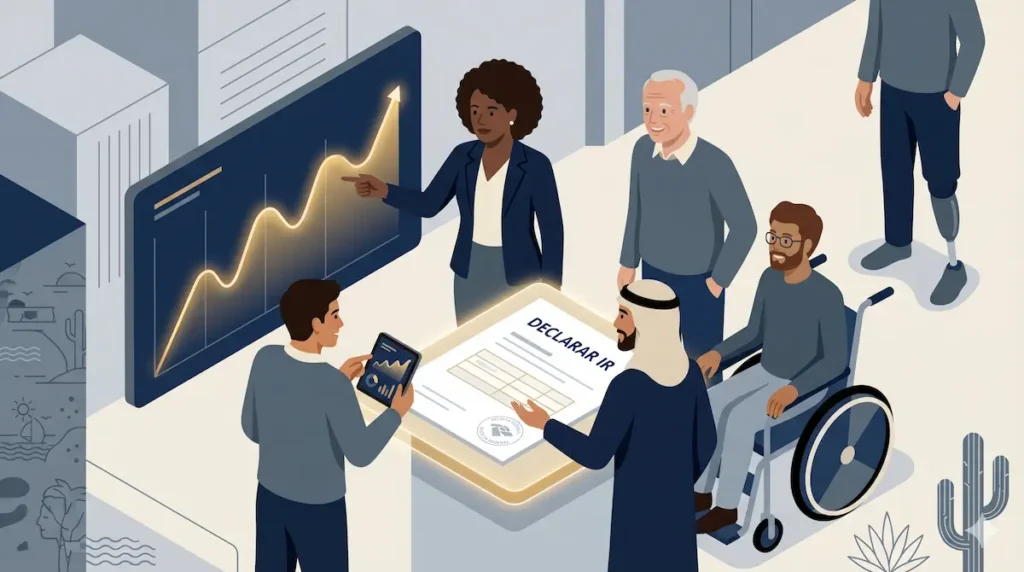 Ilustração em estilo corporativo minimalista com diversas pessoas ao redor de um gráfico, representando a Política de Diversidade e inclusão financeira.