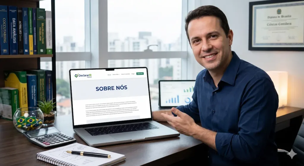 Fábio Leite sorrindo em um escritório, apontando para um notebook com o site declararir.com.br aberto na página Sobre Nós.