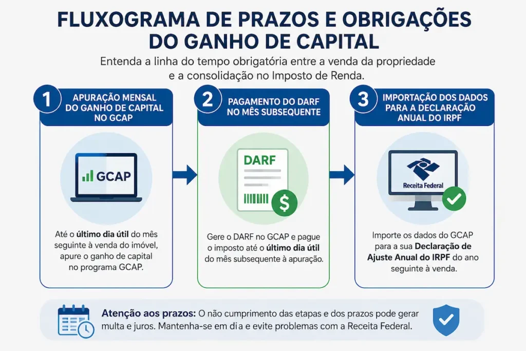 Infográfico esquemático mostrando o fluxo de apuração do GCAP e pagamento do DARF ao declarar venda de imóvel.