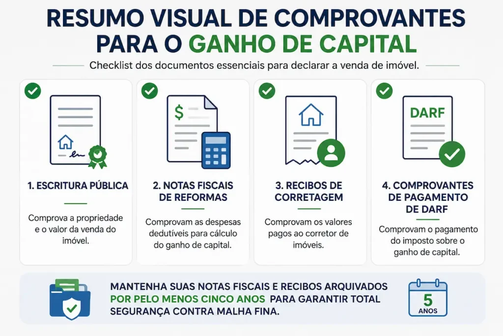 Checklist visual com os documentos fundamentais para declarar venda de imóvel.