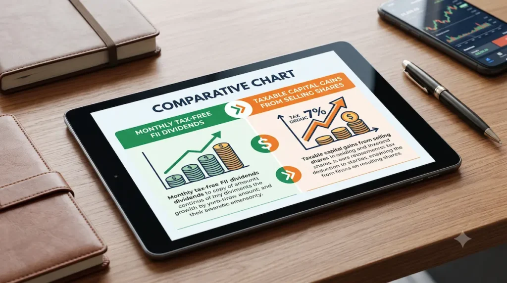 Isenção de Imposto de Renda em FIIs. Tablet sobre mesa de escritório exibindo um comparativo visual entre a isenção nos dividendos de FIIs e a tributação na venda de cotas.