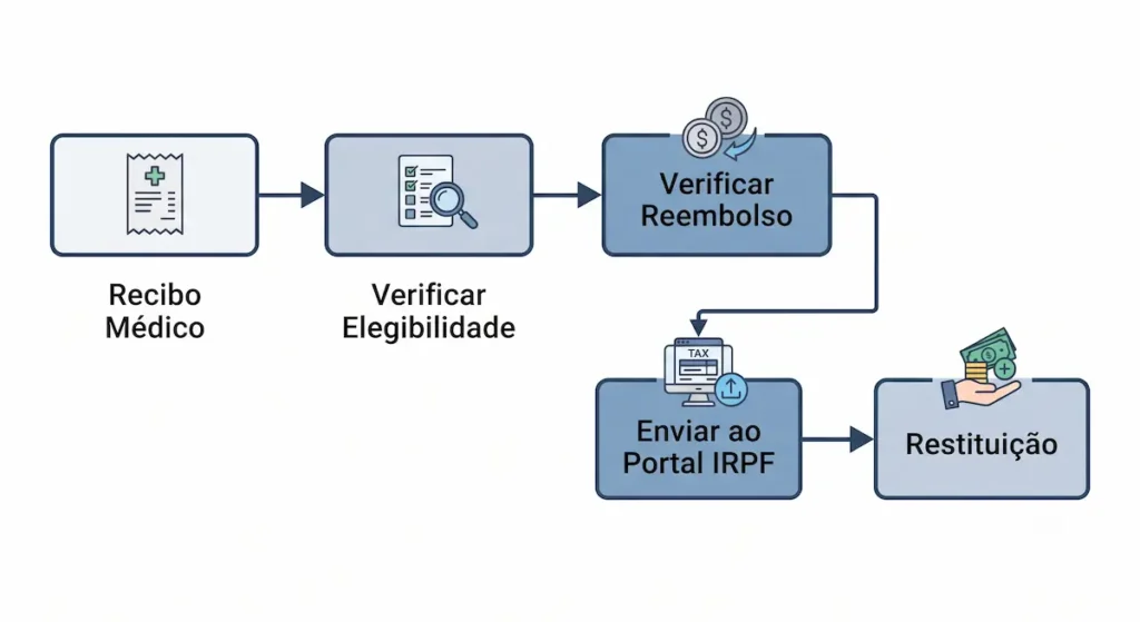 Infográfico sobre o processo de dedução de despesas médicas no IRPF.