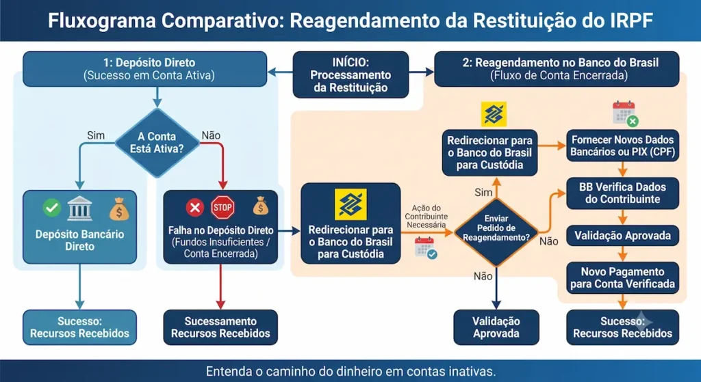 Fluxograma comparativo sobre reagendamento de restituição do IRPF no Banco do Brasil.