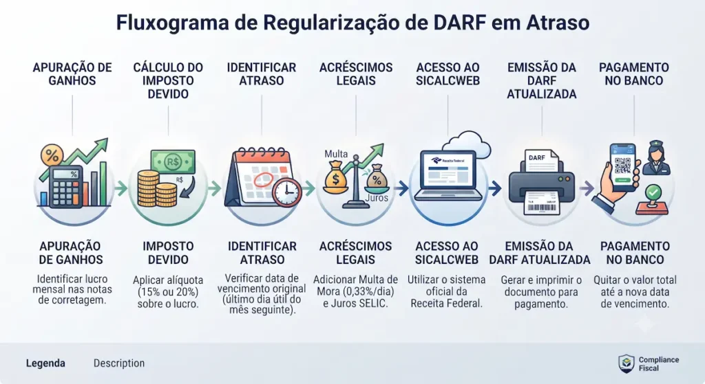 Infográfico com o fluxo de cálculo de imposto em atraso