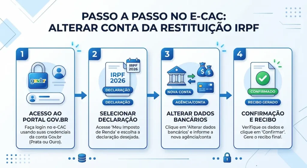 Infográfico ilustrando as 4 etapas para alterar a conta da restituição do IRPF no e-CAC.