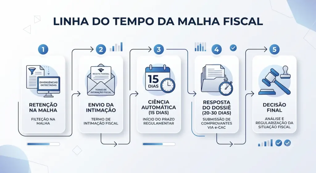 Intimação da receita federal: infográfico com a linha do tempo e prazos de resposta do processo.